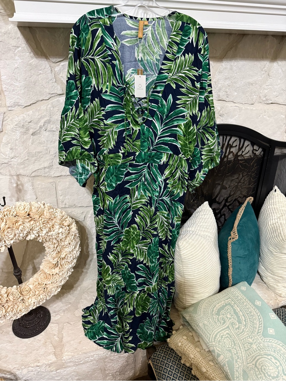 Onshore Tropical Leaf Maxi Dress in Green and Navy Resort Wear